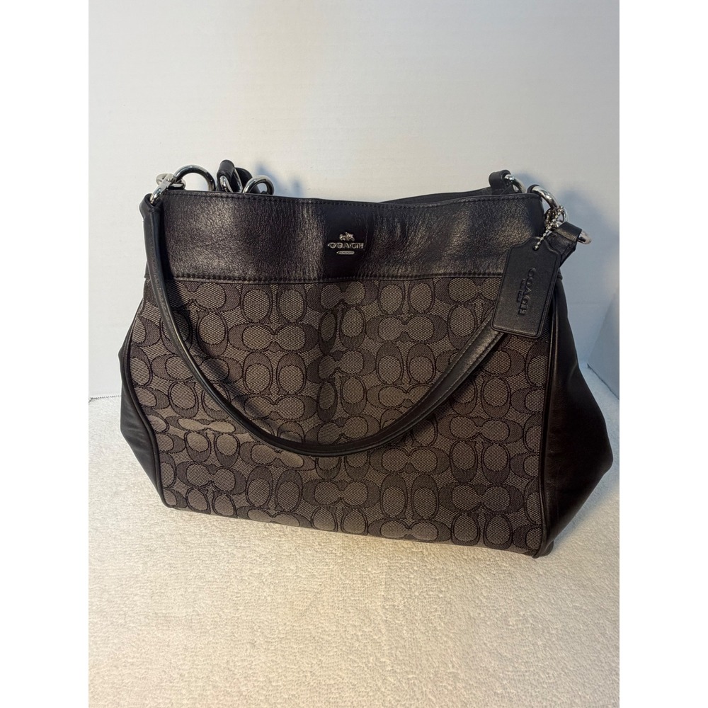 Coach Signature Jacquard‎ and Leather Shoulder Bag Black Grey Hobo Tote